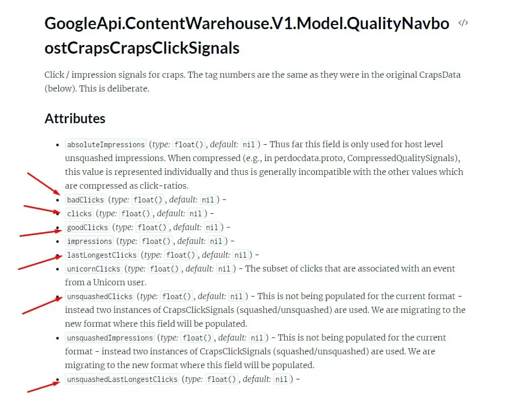 Screenshot of GoogleApi ContentWarehouse QualityNavbo documentation about click and impression signals Screenshot of GoogleApi ContentWarehouse QualityNavbo documentation about click and impression signals