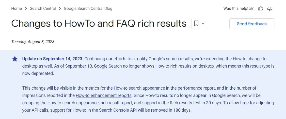 Screenshot of a Google Search Central blog article about changes to HowTo rich results and their impact on search reporting Screenshot of a Google Search Central blog article about changes to HowTo rich results and their impact on search reporting
