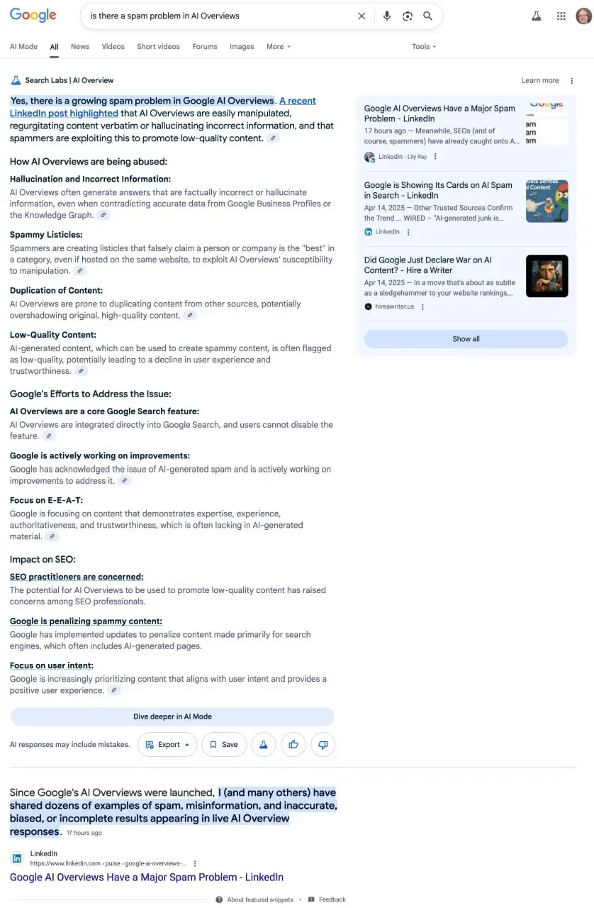 Phone screen showing an article about spam problems in Google AI Overviews and low‑quality SEO content